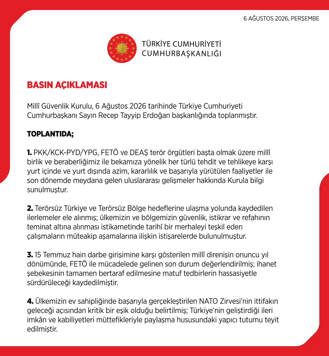 tcbestepe's tweet photo. MGK Bildirisi: “Terörsüz Türkiye ve Terörsüz Bölge hedeflerine ulaşma yolunda kaydedilen ilerlemeler ele alınmış; ülkemizin ve bölgemizin güvenlik, istikrar ve refahının teminat altına alınması istikametinde tarihî bir merhaleyi teşkil eden çalışmaların müteakip aşamalarına ilişkin istişarelerde bulunulmuştur.”
