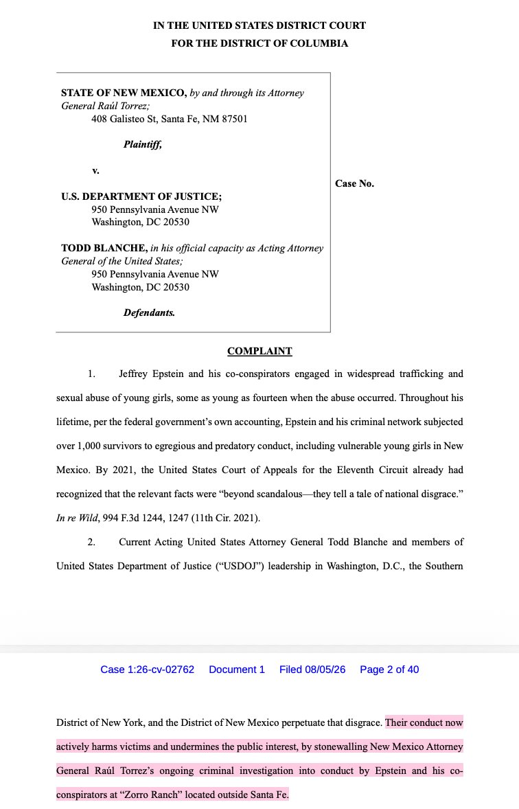 girlsreallyrule's tweet photo. New Mexico’s attorney general has filed a 40-page lawsuit against Trump’s Justice Department on Wednesday, accusing acting Attorney General Todd Blanche of “stonewalling” the Epstein inquiry in the state. https://t.co/e7JxH0WFwh https://t.co/Fq2e2dYKqv