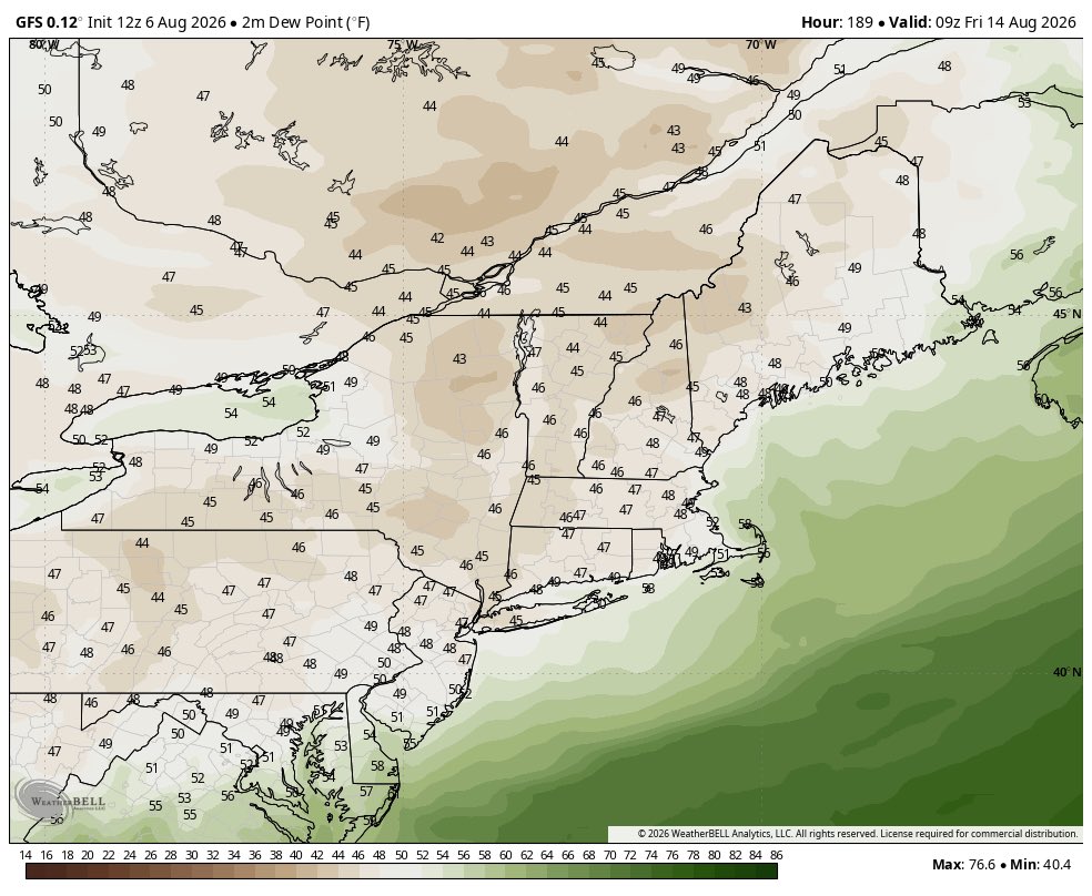 Lclimateguy's tweet photo. Big time cold front passes the area on Wednesday into Thursday and gets the humidity away.  Could be talking about 40s lows. https://t.co/dcP2vtfk0X