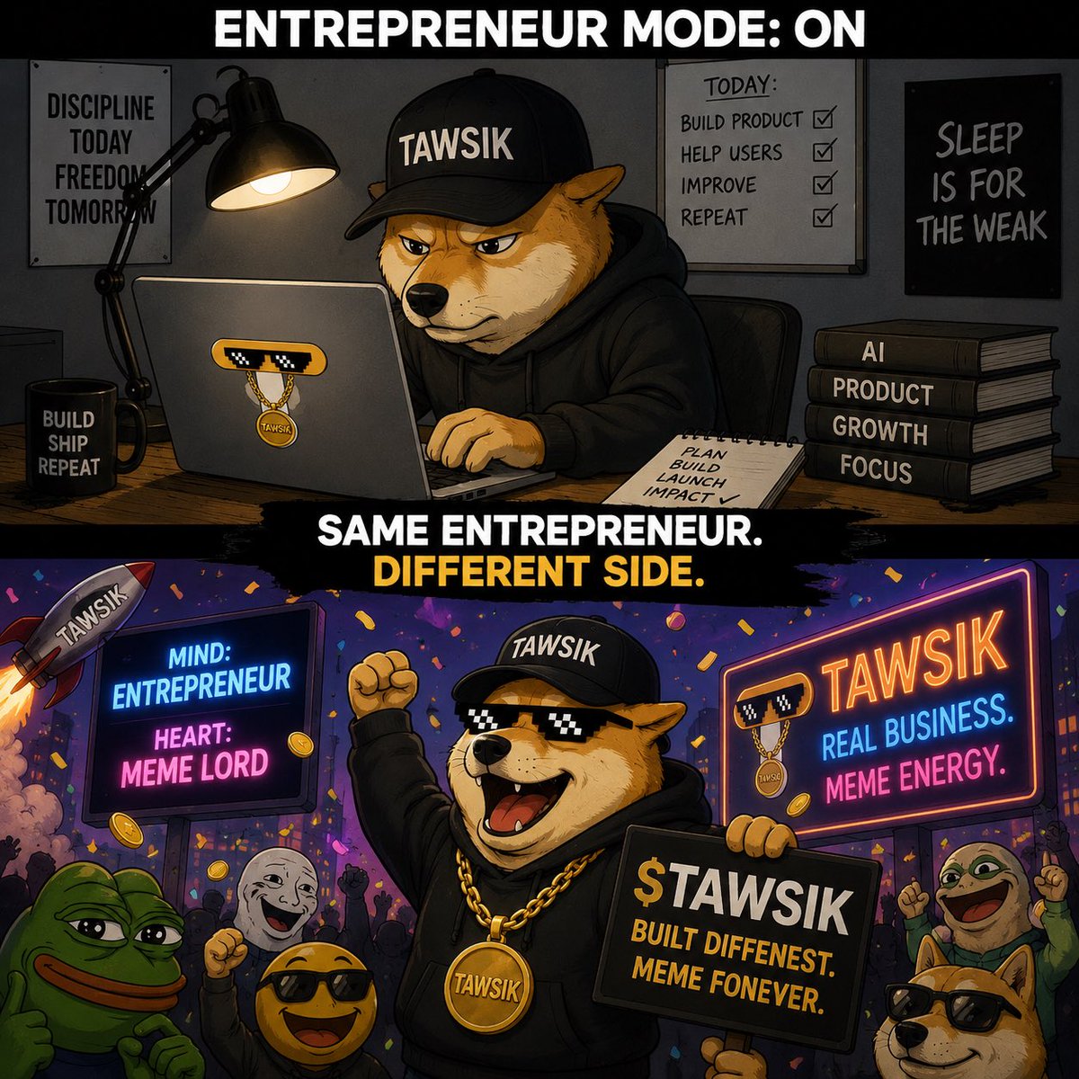 TAWSIKAI's tweet photo. Entrepreneur by day.
Meme lord by night. 🤝

$TAWSIK is the fun side of building a real AI startup in public.

No roadmap. No promises. Just building, shipping, and having fun.

👇 Join the journey:
https://t.co/6DYSs9JgEb https://t.co/eYlixzUNnY
