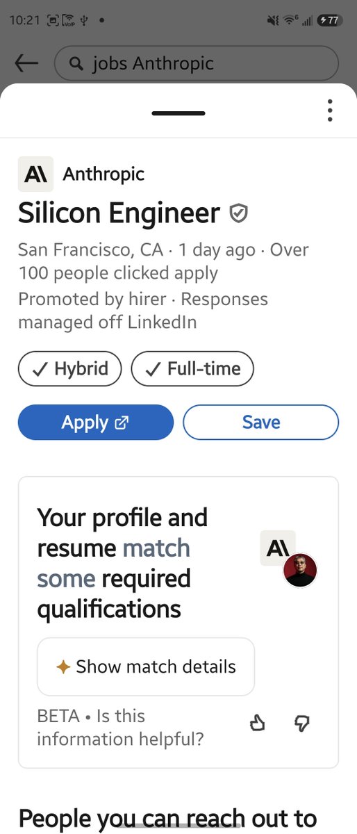 SVTrivo's tweet photo. Interesting contrast at Anthropic right now.

The Research Engineer, Chip Design RL role (building RL environments so Claude can learn to design silicon — RTL generation, verification, physical design optimization, etc.) is listed at $500k–$850k.

Meanwhile, the Silicon Engineer roles for the actual team designing Anthropic’s own custom chips are posted at $320k–$485k.

The required skill sets are extremely similar: full ASIC/FPGA flow, RTL to tape-out, UVM/formal, physical design, PPA, DFT, EDA tools, and real silicon shipping experience.

Same company. Same core domain expertise.  
Yet the team teaching Claude 'how' to design chips is valued significantly higher than the team that will design the chips Anthropic actually plans to use.

Sometimes these compensation bands just make you pause and think.