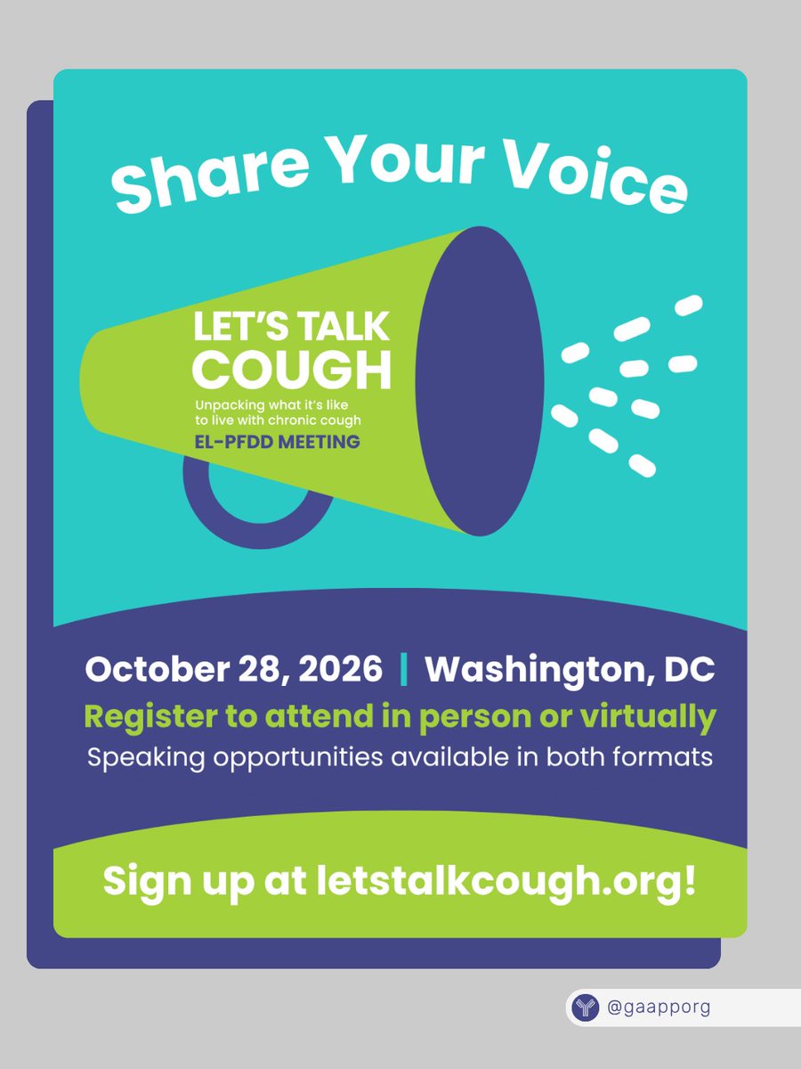 gaapporg's tweet photo. Sign up now to share your voice at #LetsTalkCough, an Externally-Led Patient-Focused Drug Development (EL-PFDD) meeting on 28 Oct, where people affected by chronic cough can share their experiences directly with the FDA &amp; researchers. 🔗 Register: https://t.co/pRUYrT9UXO https://t.co/8bihSS9Zn1