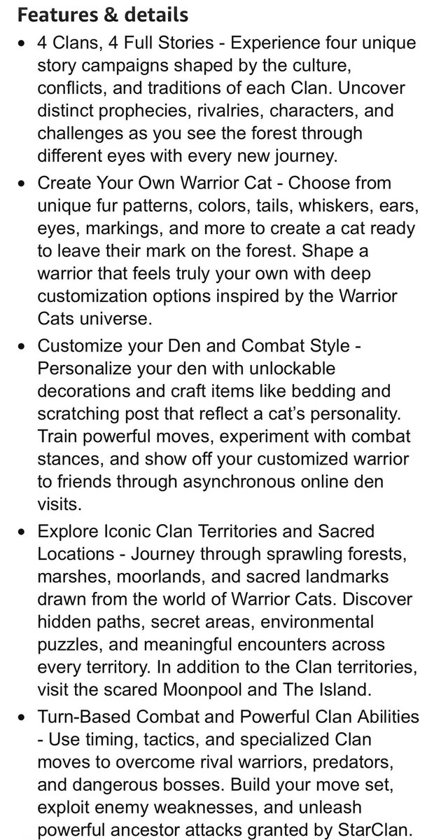 TheFurryDragoon's tweet photo. more warrior cats game info from the Amazon page
- 4 campaigns (one for each clan)
- “deep customization”
- customizable den w/ asynchronous online den sharing
- customizable combat style
- super powerful StarClan attacks lmao https://t.co/g435Hk84Sr