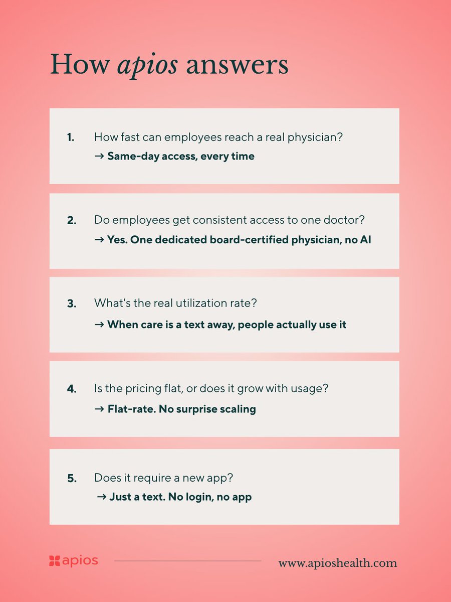 ApiosHealth's tweet photo. #HRManagers and #BenefitsManagers -- 5 questions to ask before signing with a new health benefits vendor. 

Swipe to see how Apios answers each one. https://t.co/NgFQ0UpkaZ