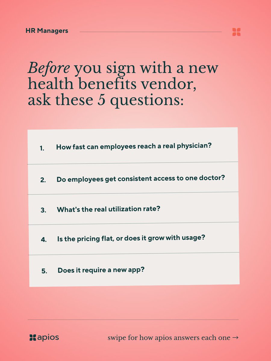 ApiosHealth's tweet photo. #HRManagers and #BenefitsManagers -- 5 questions to ask before signing with a new health benefits vendor. 

Swipe to see how Apios answers each one. https://t.co/NgFQ0UpkaZ