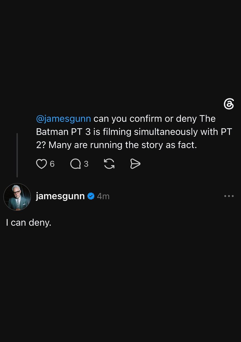 TheBatmanSagaNW's tweet photo. James Gunn confirms that ‘THE BATMAN: PART 2’ &amp; PART 3 will NOT film back to back.

“I can deny.” https://t.co/M6Lmx2xs71