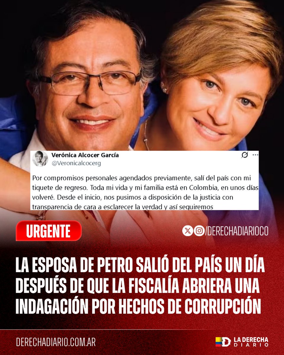 DerechaDiarioCO's tweet photo. 🚨🇨🇴 | ¿EMPIEZA LA FUGA?: La esposa de Petro, Verónica Alcocer anunció que salió de Colombia por “compromisos personales” justo después de que la Fiscalía abriera una indagación preliminar por los audios que la vinculan con presuntos manejos irregulares de dinero, contratación e influencias indebidas.

“Salí del país con mi tiquete de regreso. Toda mi vida y mi familia están en Colombia; en unos días volveré. Desde el inicio nos pusimos a disposición de la justicia para esclarecer la verdad.”