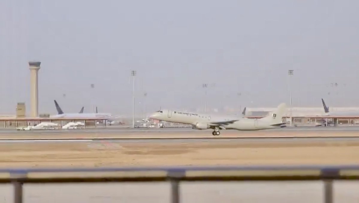 OSPSF's tweet photo. Prime Minister of Pakistan using for the first time the Pakistan Navy’s Embraer Lineage 1000E (pre-modification to the Sea Sultan LR-MPA) on an international visit: https://t.co/k5kD8fOYbU