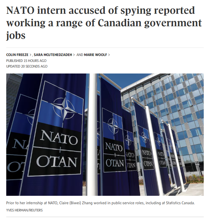 cbcwatcher's tweet photo. The Chinese-Canadian accused woman sent to spy on NATO used to be an election worker for the Liberal Party of Canada

More proof that Liberals have a major foreign interference problem INSIDE their party... almost completely ignored by almost all media in Canada and buried in this Globe story: 

"In her applications, she listed past volunteering experience for the Toronto International Film Festival and for an “election campaign for Liberal Party of Canada,” which she did not specify." 

You can bet the CBC would lead every newscast with this "seriously disturbing" allegation if it was the Conservative Party 

Media Protection Program example of the day @brodiefenlon