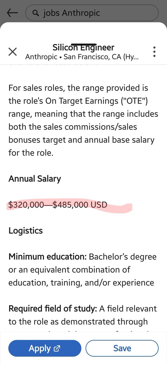 SVTrivo's tweet photo. Interesting contrast at Anthropic right now.

The Research Engineer, Chip Design RL role (building RL environments so Claude can learn to design silicon — RTL generation, verification, physical design optimization, etc.) is listed at $500k–$850k.

Meanwhile, the Silicon Engineer roles for the actual team designing Anthropic’s own custom chips are posted at $320k–$485k.

The required skill sets are extremely similar: full ASIC/FPGA flow, RTL to tape-out, UVM/formal, physical design, PPA, DFT, EDA tools, and real silicon shipping experience.

Same company. Same core domain expertise.  
Yet the team teaching Claude 'how' to design chips is valued significantly higher than the team that will design the chips Anthropic actually plans to use.

Sometimes these compensation bands just make you pause and think.