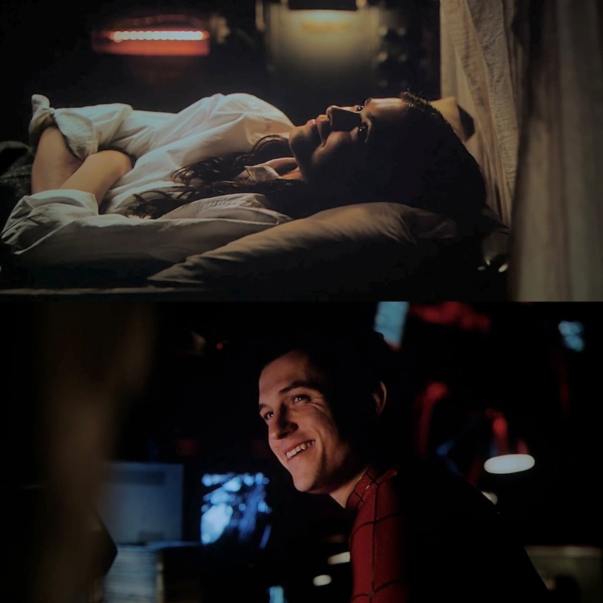 shadywhistldown's tweet photo. #spiderman bnd spoilers 

can’t stop thinking about the curtain scene. the banter, the chemistry being off the charts even though they weren’t face to face like i have to give them their 10s. their concern for each other &amp; this being the happiest peter has been since he lost them https://t.co/0t8ECxsIu8