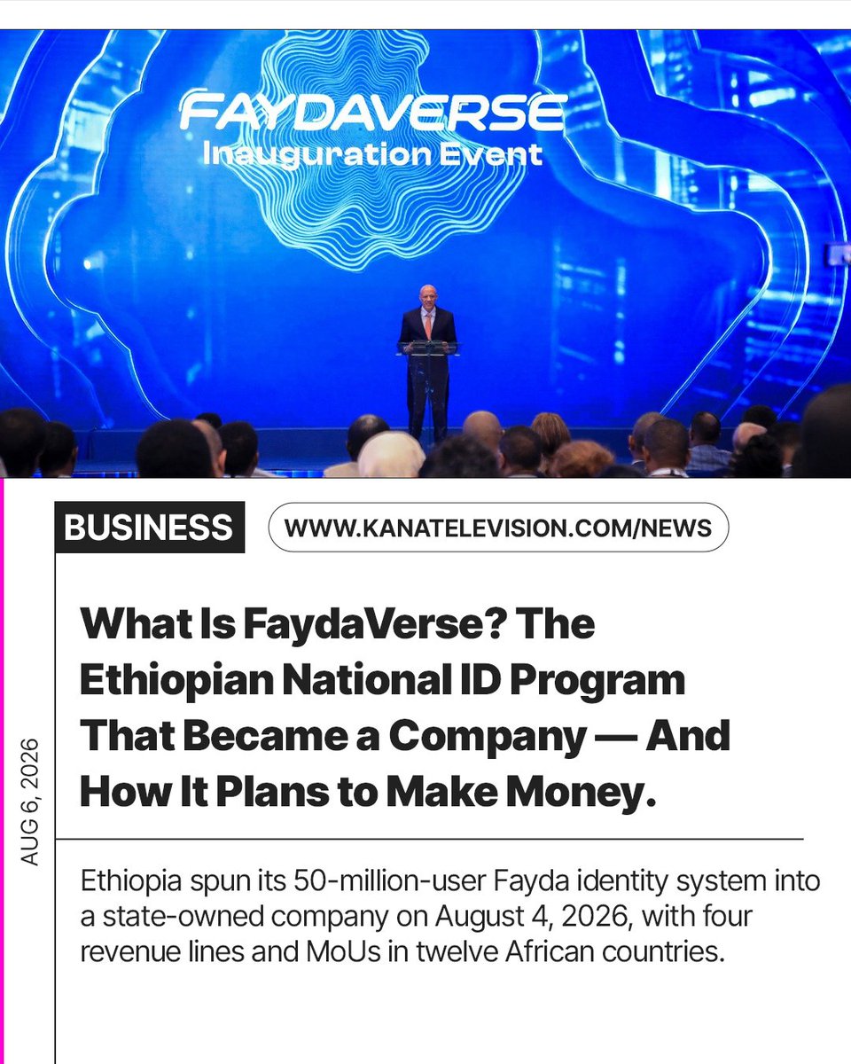 KanaTelevision's tweet photo. Ethiopia has turned its @IDethiopia program into a state-owned company called #Faydaverse.

Backed by 10B Birr (~$64M) in capital and 50M enrolled citizens, the enterprise is commercializing its platform for cross-border expansion.
@YodaheZemichael 

https://t.co/BtB0b1znwK https://t.co/8pSsKcD0CL