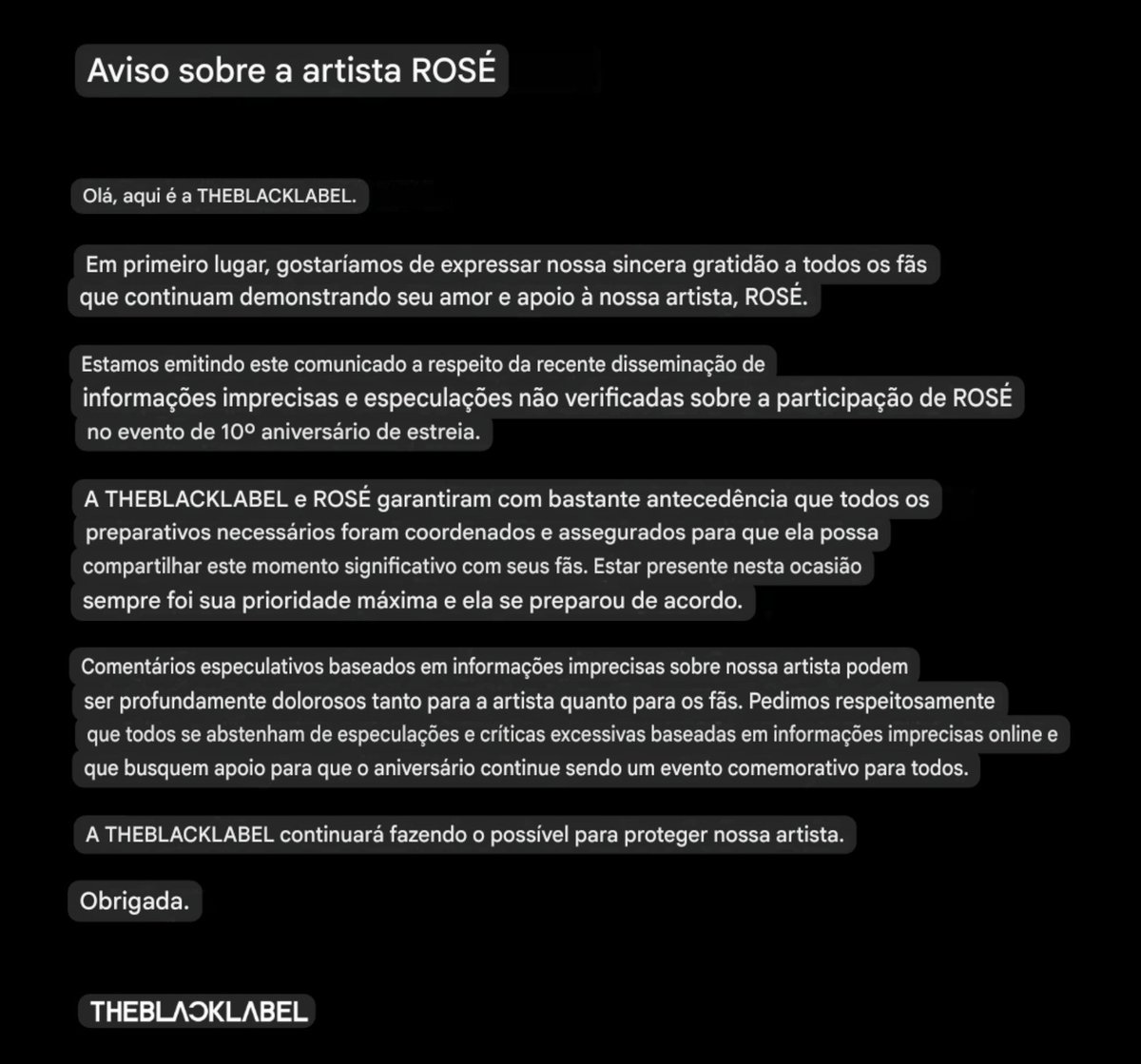 portalblackpink's tweet photo. URGENTE: THE BLACK LABEL EMITE NOTA RELACIONADA A #ROSÉ. https://t.co/5qK1b0up1c