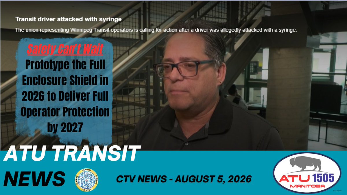 ATU1505's tweet photo. No one should go to work wondering if they will make it home safely to their family. 💔
On August 5, a Winnipeg Transit operator was stabbed twice in the leg with a syringe while serving our community on Route F6. Just one day prior, another operator was threatened with a syringe https://t.co/6UQxbN4Rnx