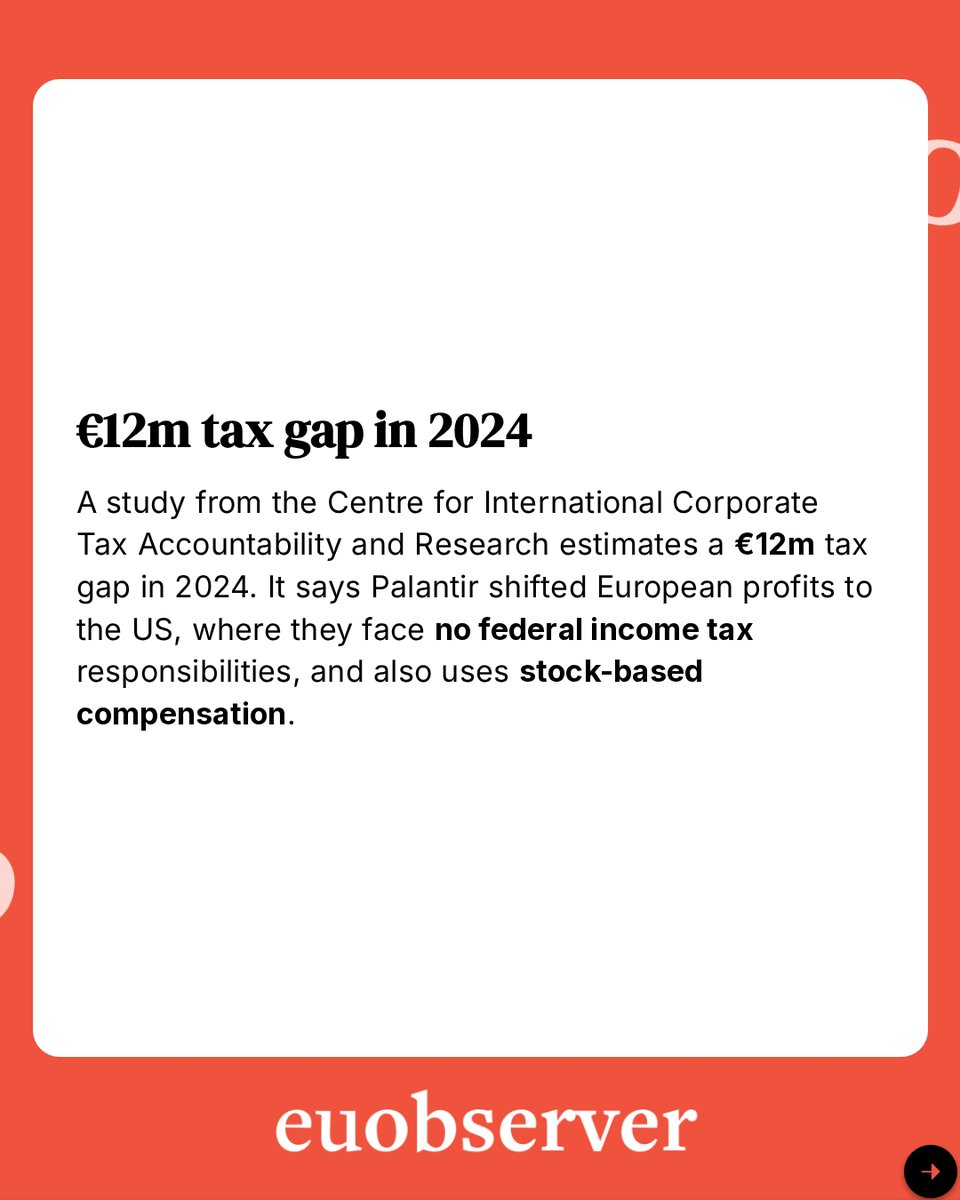 euobs's tweet photo. Palantir avoided at least €12m in European taxes,  while expanding its grip on Europe’s public services. 💰

A new report says the US surveillance giant shifted European profits to the US, reducing its tax bill even as its software became embedded in healthcare, defence and other critical public-sector systems across Europe. Palantir has also faced scrutiny over AI tools used by ICE, the Pentagon, Europol and the Israeli military.

Read more 👉 https://t.co/5j0nkiGQXh

Investigative. Influential. Independent. Your EUobserver.