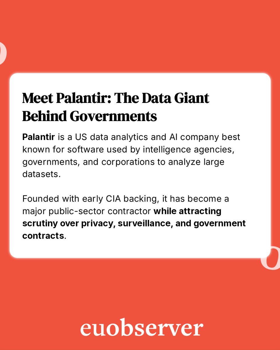 euobs's tweet photo. Palantir avoided at least €12m in European taxes,  while expanding its grip on Europe’s public services. 💰

A new report says the US surveillance giant shifted European profits to the US, reducing its tax bill even as its software became embedded in healthcare, defence and other critical public-sector systems across Europe. Palantir has also faced scrutiny over AI tools used by ICE, the Pentagon, Europol and the Israeli military.

Read more 👉 https://t.co/5j0nkiGQXh

Investigative. Influential. Independent. Your EUobserver.