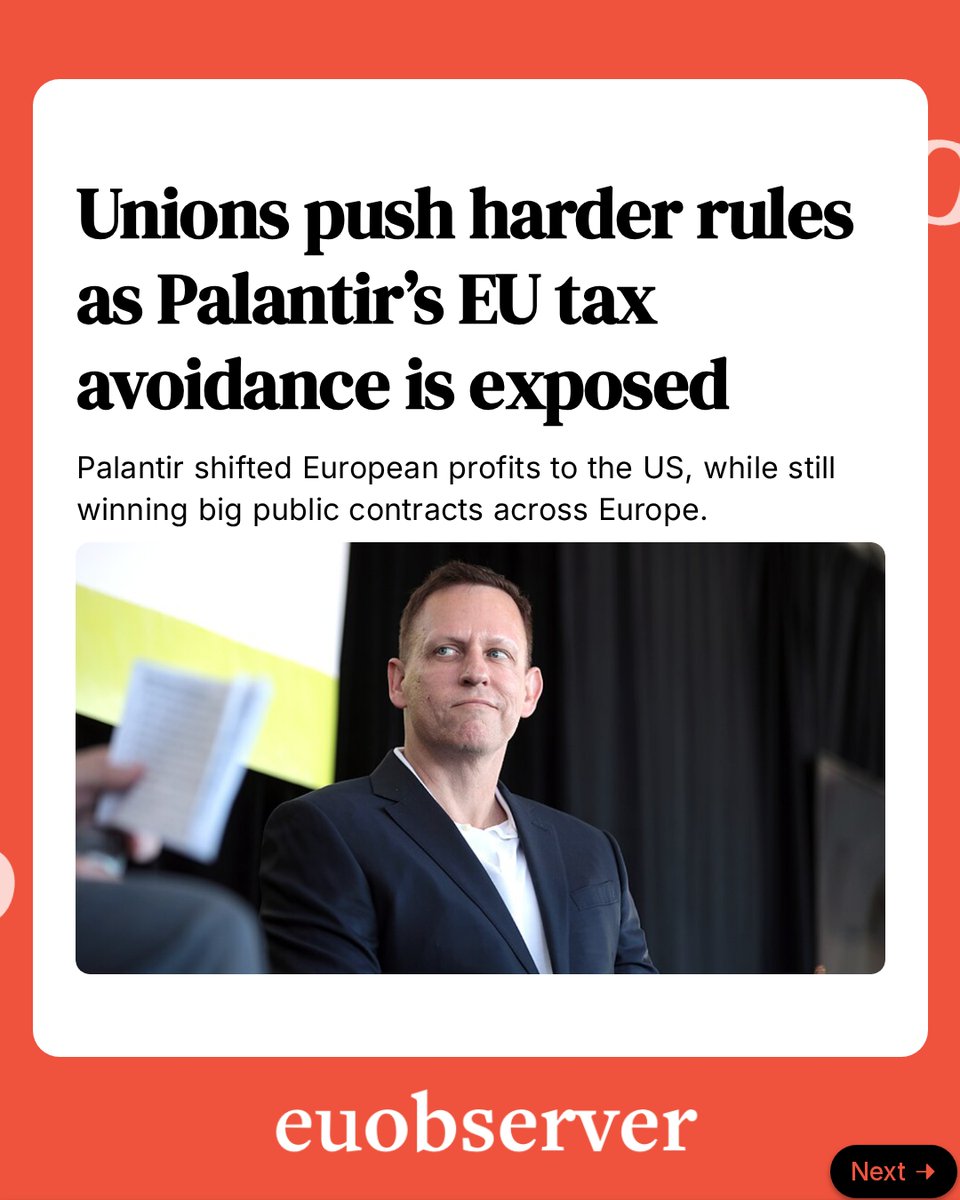 euobs's tweet photo. Palantir avoided at least €12m in European taxes,  while expanding its grip on Europe’s public services. 💰

A new report says the US surveillance giant shifted European profits to the US, reducing its tax bill even as its software became embedded in healthcare, defence and other critical public-sector systems across Europe. Palantir has also faced scrutiny over AI tools used by ICE, the Pentagon, Europol and the Israeli military.

Read more 👉 https://t.co/5j0nkiGQXh

Investigative. Influential. Independent. Your EUobserver.