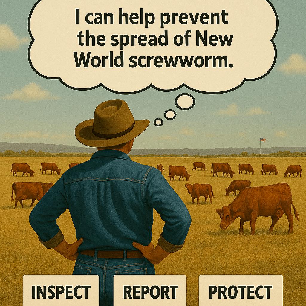 Screwworm_RR's tweet photo. Daily animal checks really matter! USDA has received 454 suspect case submissions since June 3 from Texas with only 44 confirmed NWS cases in the state to date. 
Watch for signs that something’s not right:

✔️Maggots or egg clusters in wounds or body openings

✔️Foul or decaying smell

✔️Changes in behavior — irritation, isolation, or lack of appetite

A tick bite, ear‑tag site, wire scratch, or the navel of a newborn animal can all become entry points for NWS. Look closely at every part of the animal, especially healing spots or areas prone to cuts.

Staying alert is one of the strongest defenses against New World screwworm. ➡️ https://t.co/4Jqnvn8woZ

#InspectReportProtect