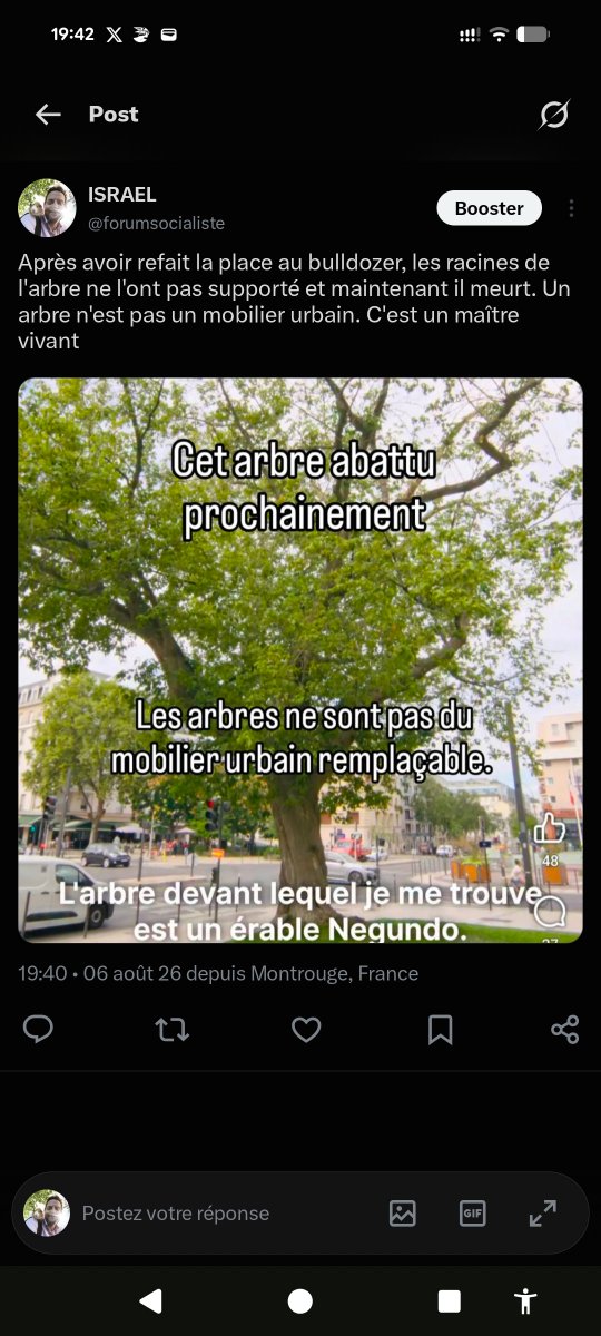 forumsocialiste's tweet photo. Un arbre est un être vivant après avoir refait la place au bulldozer et bien abîmer ses racines, il ne faut pas s'étonner qu'il dépérissent les arbres ne sont pas un mobilier urbain ce sont des êtres vivants https://t.co/P4fdy6yXWX