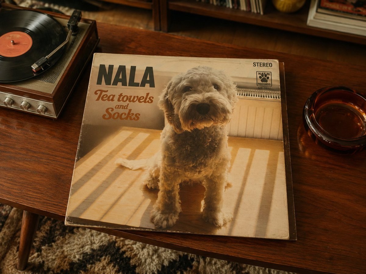 AlecBurnsGolf's tweet photo. Here's something a bit fun. My Puppy, Nala loves tea towels and Socks. I gave 3 different ai models the following prompt :

Create an album cover using this dog. The title of the album is 'Tea towels and Socks'
The dogs name is Nala. Make an actual image of an LP cover lying on a coffee table from the 1960's

I also provided an image of Nala. Here's the results!