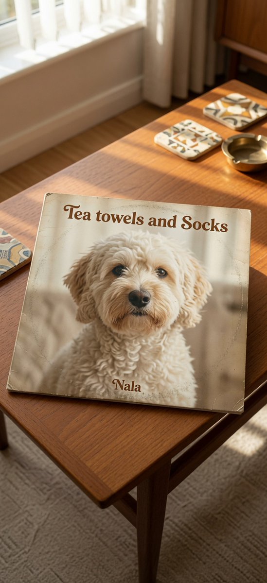 AlecBurnsGolf's tweet photo. Here's something a bit fun. My Puppy, Nala loves tea towels and Socks. I gave 3 different ai models the following prompt :

Create an album cover using this dog. The title of the album is 'Tea towels and Socks'
The dogs name is Nala. Make an actual image of an LP cover lying on a coffee table from the 1960's

I also provided an image of Nala. Here's the results!