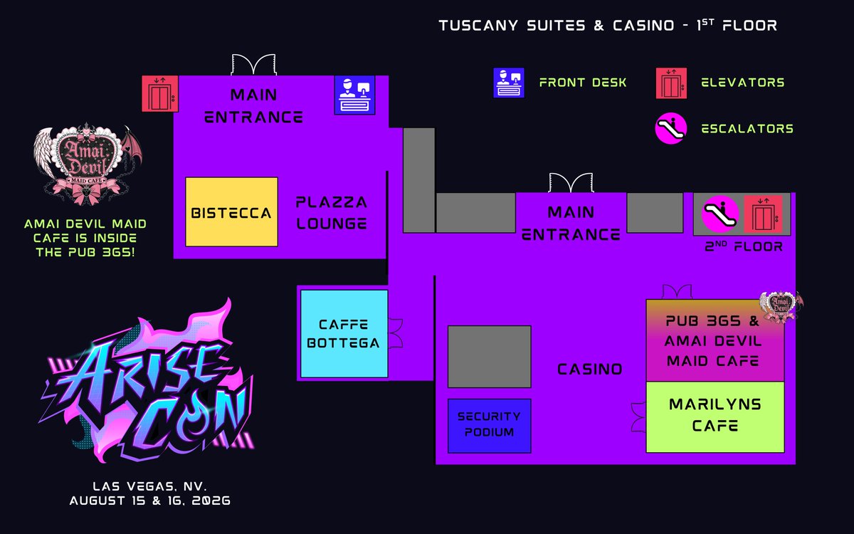 AriseCon's tweet photo. The official map for Arise Con 2026 is HERE!

Find your favorite spots including the Amai Devil Maid Cafe inside Pub 365!

#arisecon #ariseconlasvegas #lasvegas #animeconvention https://t.co/4zjEoqNMh8