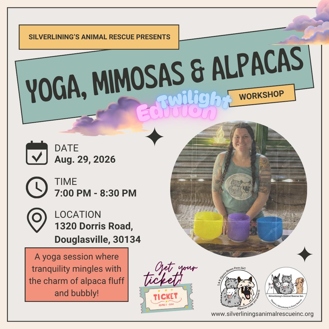 SilverliningsAR's tweet photo. Silverlining’s Animal Rescue Presents:  Yoga, Mimosas &amp; Alpacas!

📅 08/29
⏰ 7:00 PM - 8:30 PM
📍 1320 Dorris Road, Douglasville, GA 30134

For event info and tickets, visit https://t.co/vdSfR8TVYM.

#Atlanta #yoga #animals https://t.co/VtbwnFRmks
