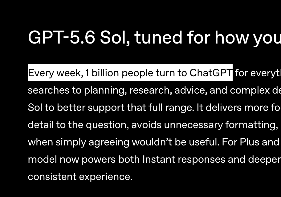 mehulmpt's tweet photo. ChatGPT now has 1 billion (!) weekly active users

They're also making GPT-5.6 Luna free for all free users with unlimited chats. https://t.co/KsWWCCpJJZ