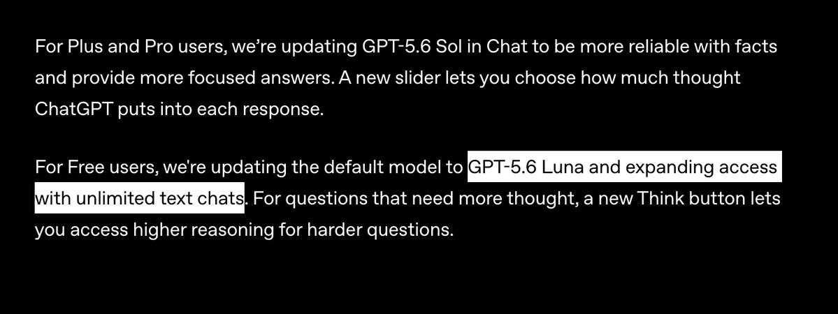 mehulmpt's tweet photo. ChatGPT now has 1 billion (!) weekly active users

They're also making GPT-5.6 Luna free for all free users with unlimited chats. https://t.co/KsWWCCpJJZ