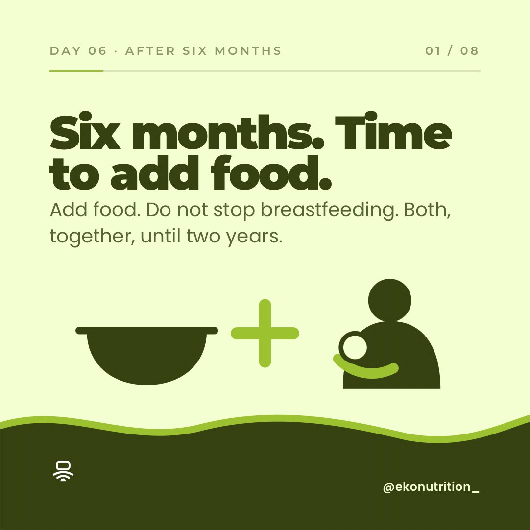 ekonutrition_'s tweet photo. Day 6: After six months 🥣

Six months is a milestone. Time to add food, but breastfeeding doesn’t stop, until two years.

Why six months? Before that, a baby’s gut and kidneys aren’t ready, and breast milk alone covers everything. After six months, milk alone is no longer enough https://t.co/bBJYJ52rWc
