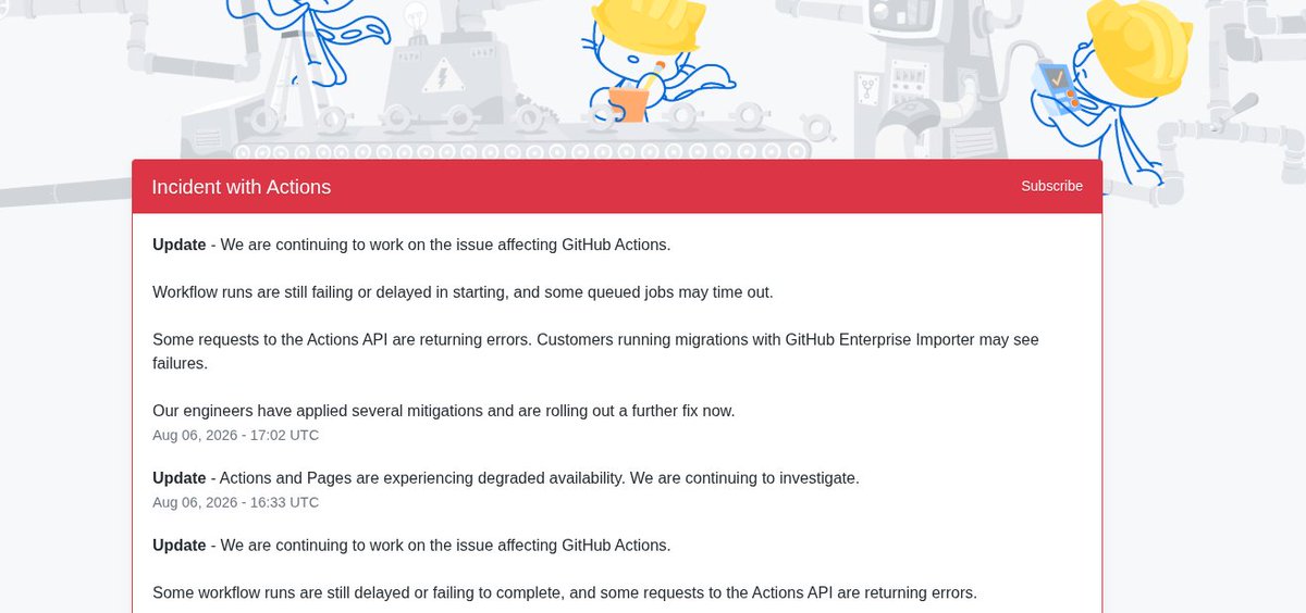theurzil's tweet photo. me: "why is my CI stuck queuing for 6 minutes"
also me: checks https://t.co/FAgA46gk0x
also also me: oh it's not me, it's everyone. GitHub Actions is just having a moment. 🫠 we're all just waiting for a runner to pick up the job of our lives rn https://t.co/7b8KuJhOz1