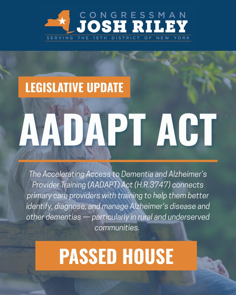 RepRileyNY's tweet photo. Detecting Alzheimer’s early helps families plan, gives patients more treatment options, and leads to better health outcomes. But in rural communities like ours, getting a timely diagnosis can be a real challenge.
That’s why I was proud to cosponsor and vote for the AADAPT Act – bipartisan legislation that will equip our rural health providers with the tools and training they need to detect Alzheimer’s early and get folks connected with the care they need.