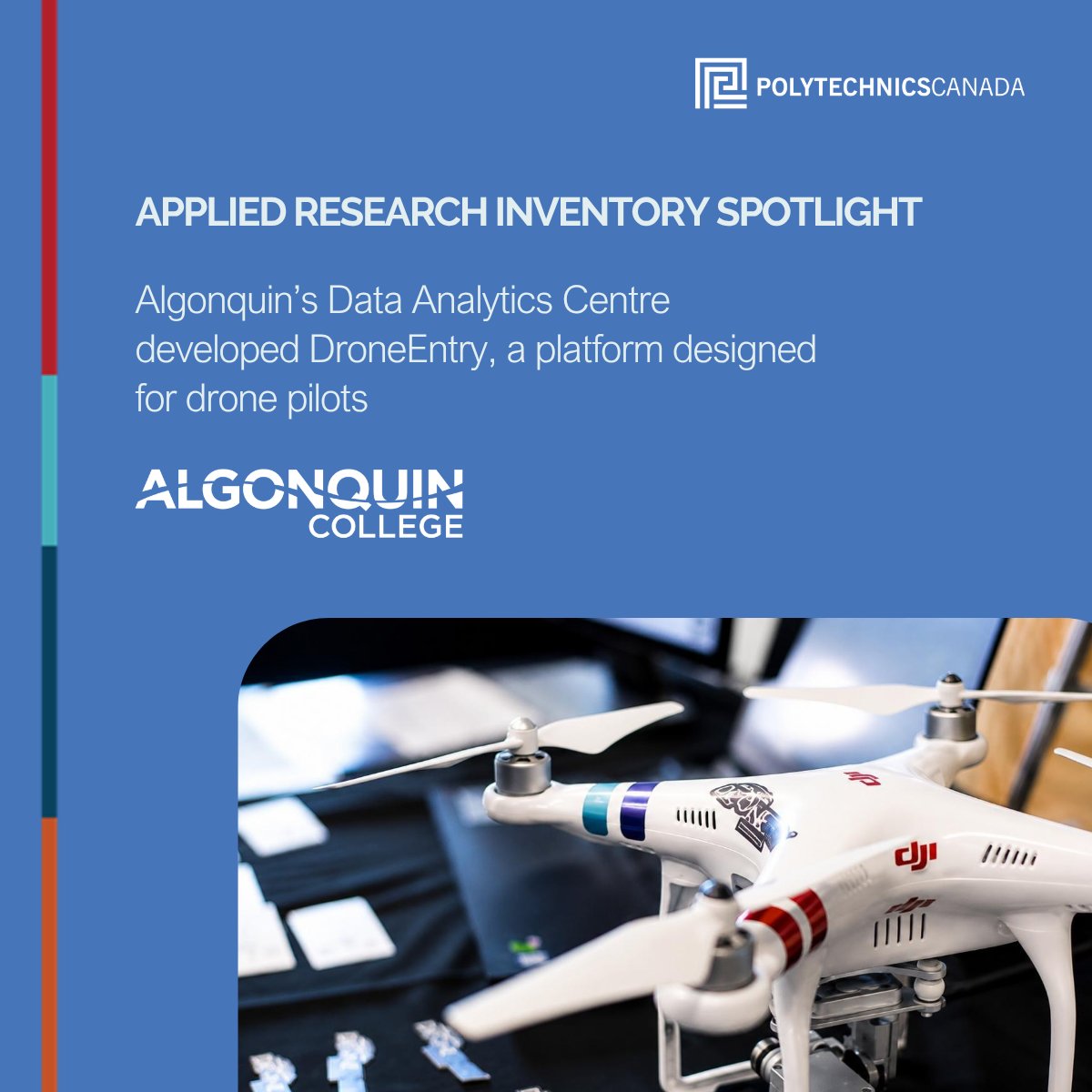 PolyCan's tweet photo. How can employers know that a drone pilot has the right skills and experience?

@AlgonquinColleg ’s Data Analytics Centre supported the development of DroneEntry, a platform where drone pilots can create verified profiles and show examples of their work.

The platform makes it easier for employers to assess qualifications and find skilled operators. That matters in fields such as logistics, public safety and defence, where trust, compliance and proven experience are essential.

Explore our Applied Research Inventory to discover the research infrastructure, equipment and expertise available to support industry and community partners: https://t.co/fkHnMyjD4v