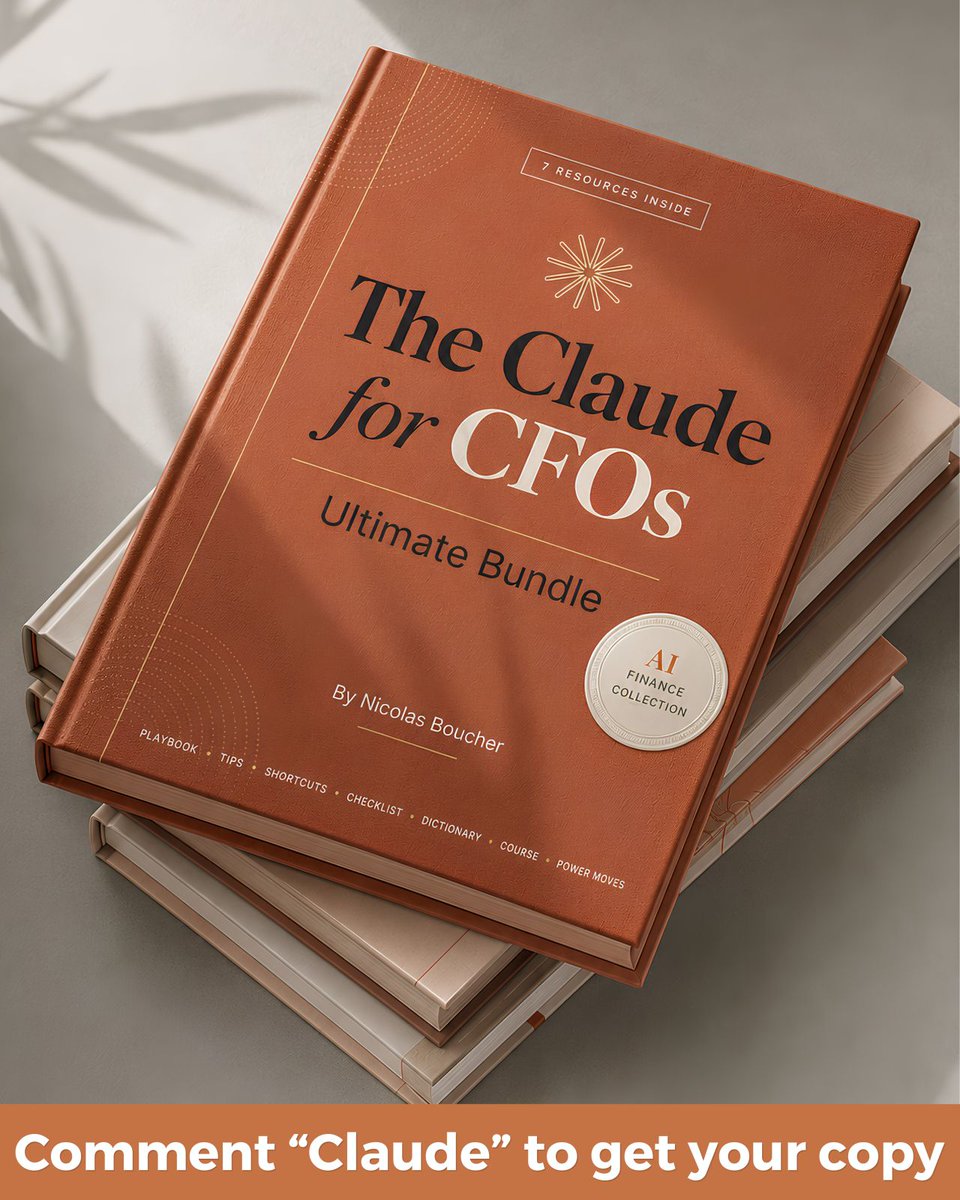 BoucherNicolas's tweet photo. The Claude for CFOs Ultimate Bundle (everything you need to master Claude in Finance)
👉 Comment "Claude" and I'll send you the full bundle

I'm limiting this to the first 100 comments, so move fast

Every time, I hear the same thing from CFOs and controllers:
"Nicolas, I know Claude is powerful, but I don't know where to start"

So I put together the exact bundle I wish every finance team had since day one:

📘 Claude Finance Playbook
How to build financial models in Excel, use Voice Mode from your phone, and create interactive scenario planners

📋 Top 100 Claude Tips
100 prompts for Excel, Cowork, dashboards, and best practices you can use today

⚡ Top 100 Claude Shortcuts
The fastest way from prompt to finished output, no wasted steps

✅ Claude Checklist
So you never skip a step when building a model or a report

📖 Claude 101 Dictionary
Every Claude term explained in plain finance language

🎓 Claude AI Finance Course
A structured path to go from zero to confident, at your own pace

🔑 The Mega Claude Collection
Collection of Infographics and carousels about Claude

On top of that, this bundle covers the whole journey: understand it, use it, master it, teach it to your team

👉 Comment "Claude" and I'll send you all the resources
Bonus: you'll also get a free seat to my AI Finance Masterclass

🔁 Repost so your finance team stops guessing and starts using Claude the right way