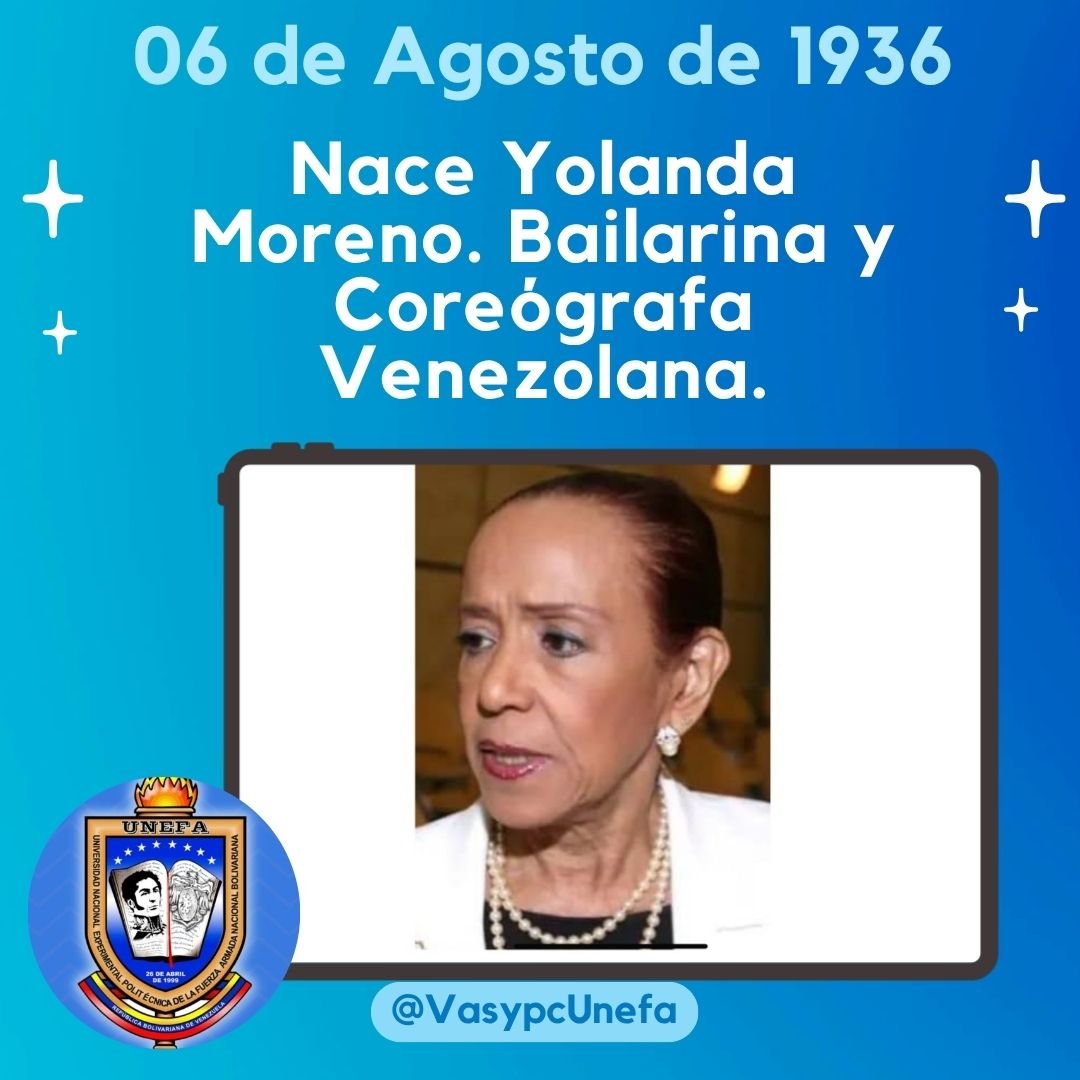 VasypcUnefa's tweet photo. Sixta Yolanda Moreno de Rodríguez. Conocida como Yolanda Moreno y como La Bailarina del Pueblo Venezolano. Reconocida como una de las figuras más influyentes de la Danza en el país. Junto a su esposo, Manuel Rodríguez Cárdenas, fundó la agrupación venezolana Danzas Nacionalistas. https://t.co/N3G5o5tAwo