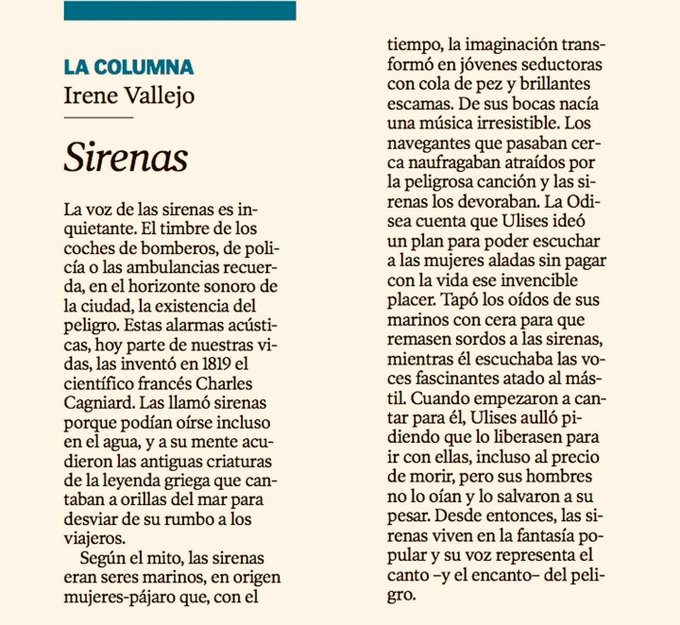 AidaBSanchez's tweet photo. ¿Cómo se convirtieron las antiguas y embriagadoras sirenas en la señal de alerta de ambulancias,coches de bomberos o timbre de fábricas?

Mito: #Ulises aulló por ellas...Las #Sirenas viven en fantasía popular y su voz representa el canto —y el encanto— del peligro.

#IreneVallejo https://t.co/NQa0Dr3URY