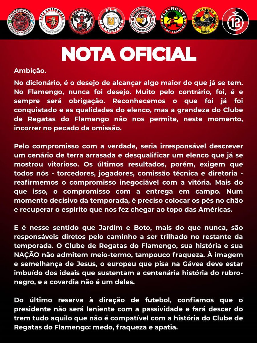 renanmoura1989's tweet photo. Organizadas do Flamengo emitiram nota oficial por conta da janela de transferências nula até aqui e o planejamento para o restante da temporada nas mãos de Jardim, Boto e BAP https://t.co/UzFqTEhIJV