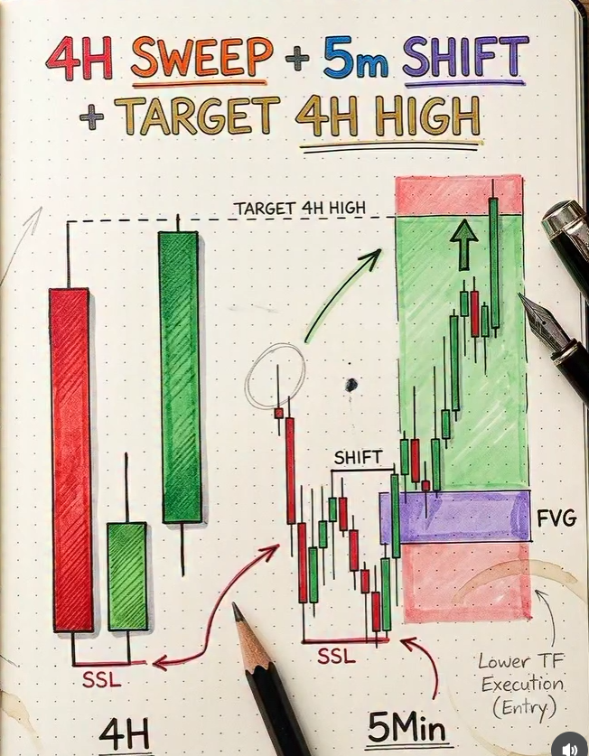 MhagamaFau31375's tweet photo. 🚨4H SWEEP + 5M SHIFT = PROFIT 👀👇

✅ Sweep 4H high/low – traps breakout traders

✅ 5M structural shift (MSS/CHoCH) confirms reversal

✅ Target = swept 4H level

✅ Enter on 5M FVG fill + SSL confirmation

✅ Stop beyond sweep wick | 1:2 R:R minimum

✍️Sweep. Shift. Execute. https://t.co/NdADJ3we41