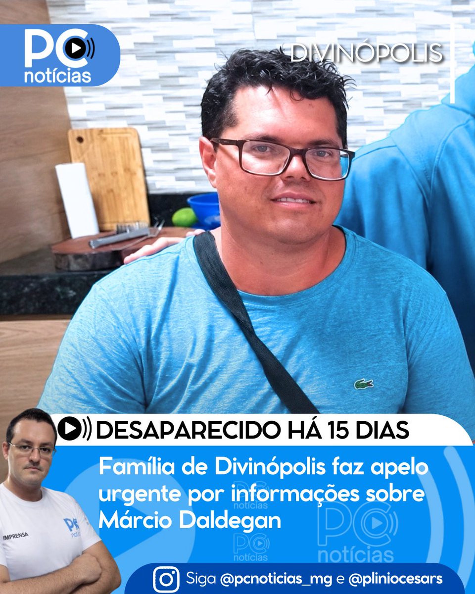 pliniocesars's tweet photo. Informações sobre o Márcio Daldegan Cardoso Júnior, de 36 anos, desaparecido há 15 dias em Divinópolis, devem acionar a PM pelo 190 ou o Disque Denúncia 181. Segundo a família, ele faz uso de medicamentos controlados, possui histórico de depressão e precisa de cuidados. https://t.co/blh69hD1wY