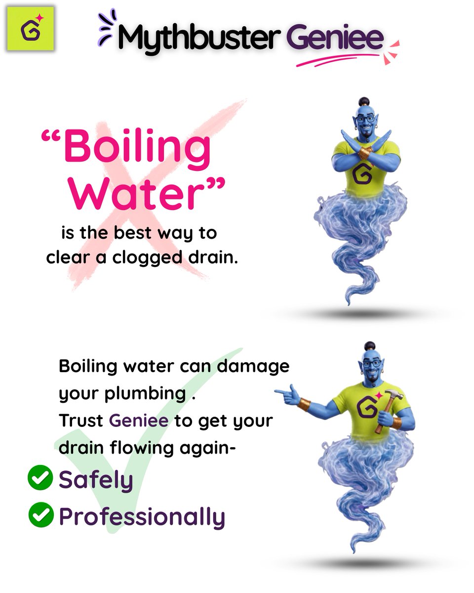 _genieeit's tweet photo. Mythbuster 003: 
The Myth: 🚫"Boiling water" is the best way to clear a clogged drain. 
The Fact: ✅️ Boiling water can damage your plumbing. Trust Geniee to get your drain flowing again-
✔️ Safely
✔️ Professionally

Wish it?💫 Geniee it!🧞‍♂️

#myths #facts #viral #explorepage https://t.co/EigtksDwov