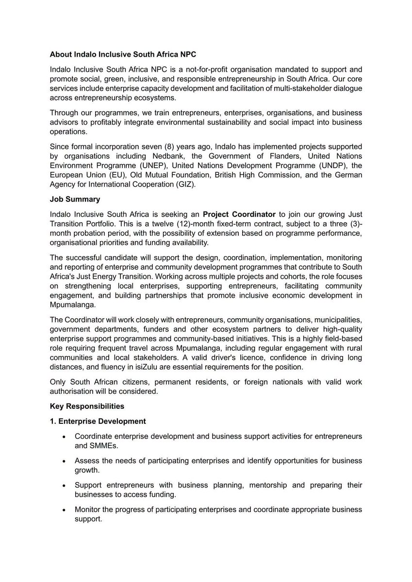 CarolBoitumelo1's tweet photo. Indalo Inclusive South Africa is inviting suitably qualified candidates to apply for the following position:

📌 Position: Project Coordinator
📍 Location: Pretoria (with local travel)
📄 Contract: 12-Month Fixed-Term Contract

📅 Closing Date: 10 August 2026

📧 Apply by email: hr@indaloinclusive.org.za

📢 Share this opportunity with someone who may be interested.