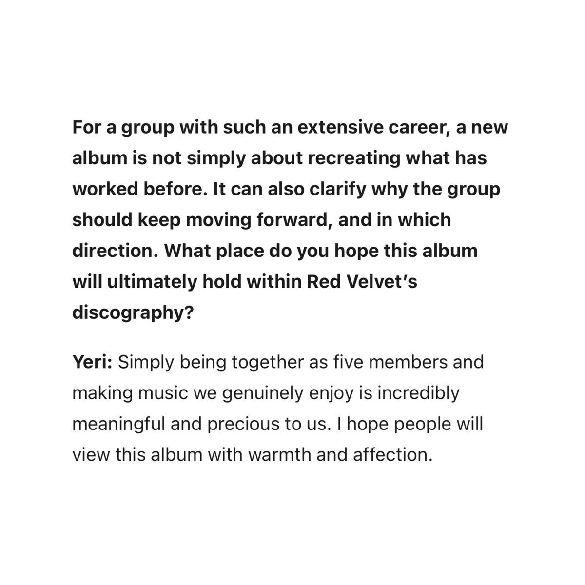 KIMYERIM_INTL's tweet photo. 260807 YERI shares why RED VELVET continues to move forward as a group after 12 years of being together!

“Simply being together as five members and making music we genuinely enjoy is incredibly meaningful and precious to us.”

https://t.co/Me9KtHDMWu
#김예림 #KIMYERIM #예리 #YERI
