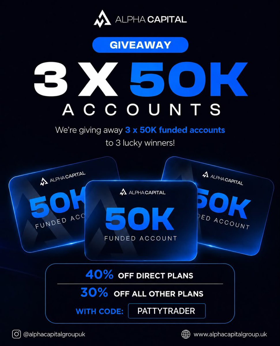 Patirrow's tweet photo. 🔥 Giveaway here 🔥 
I’m giving 3x50k with @AlphaCapitalUK 
( Use : Pattytrader50 for 50% Off )

How to join ? : 
• follow @Patirrow @AlphaCapitalUK 
• Retweet &amp; like
• Tag 5 people https://t.co/K9NGBKHTKd