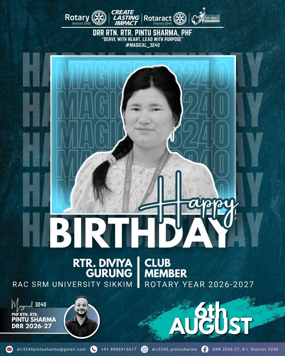 Pintusharma000's tweet photo. 🎉 Happy Birthday, Rtr. Diviya Gurung! 🎂

Wishing you good health, happiness, success, and a wonderful year ahead. May your dedication to service continue to inspire and create a lasting impact.

#Magical3240 #ServeWithHeartLeadWithPurpose https://t.co/C9rKC3P2U1