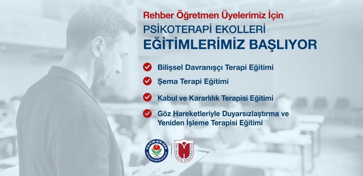 alideniz02's tweet photo. REHBER ÖĞRETMEN ÜYELERİMİZ İÇİN “PSİKOTERAPİ EKOLLERİ” EĞİTİMLERİ BAŞLIYOR

Eğitim-Bir-Sen olarak, İbn Haldun Üniversitesi iş birliğiyle rehber öğretmen üyelerimizin mesleki gelişimlerine katkı sunmak ve okullardaki psikososyal destek süreçlerini güçlendirmek amacıyla “Rehber Öğretmenler İçin Psikoterapi Ekolleri” eğitim programını hayata geçiriyoruz.

Program kapsamında, Eğitim-Bir-Sen üyesi rehber öğretmenlerimiz, EBS Akademi üzerinden çevrim içi olarak gerçekleştirilecek eğitimlere katılabilecekler.

Eğitimlerde;

Bilişsel Davranışçı Terapi (BDT)
Şema Terapi
Kabul ve Kararlılık Terapisi (ACT)
Göz Hareketleri ile Duyarsızlaştırma ve Yeniden İşleme Terapisi (EMDR)

başlıklarında, psikoterapi ekollerinin temel yaklaşım ve uygulamalarına yönelik eğitimler verilecektir.

Eğitimler; Boğaziçi Üniversitesi, İbn Haldun Üniversitesi ve İstanbul Medeniyet Üniversitesi öğretim üyeleri tarafından yürütülecektir.

Rehber öğretmen üyelerimize hayırlı olmasını diliyor, mesleki gelişimlerine önemli katkılar sağlayacağına inanıyoruz.