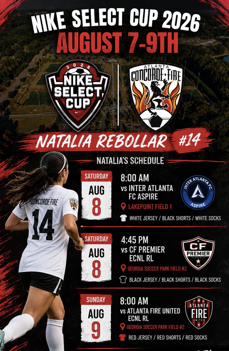 NatSoccer09's tweet photo. Excited to kick off the fall season at the Nike Select Cup with Concorde Fire ECNL-RL Platinum.
Let's go! ๐ช
#ClassOf2028 #ECNLRL #CollegeSoccerRecruiting #SoccerIQ #NikeSelectCup https://t.co/7Y5Qm4ejbm