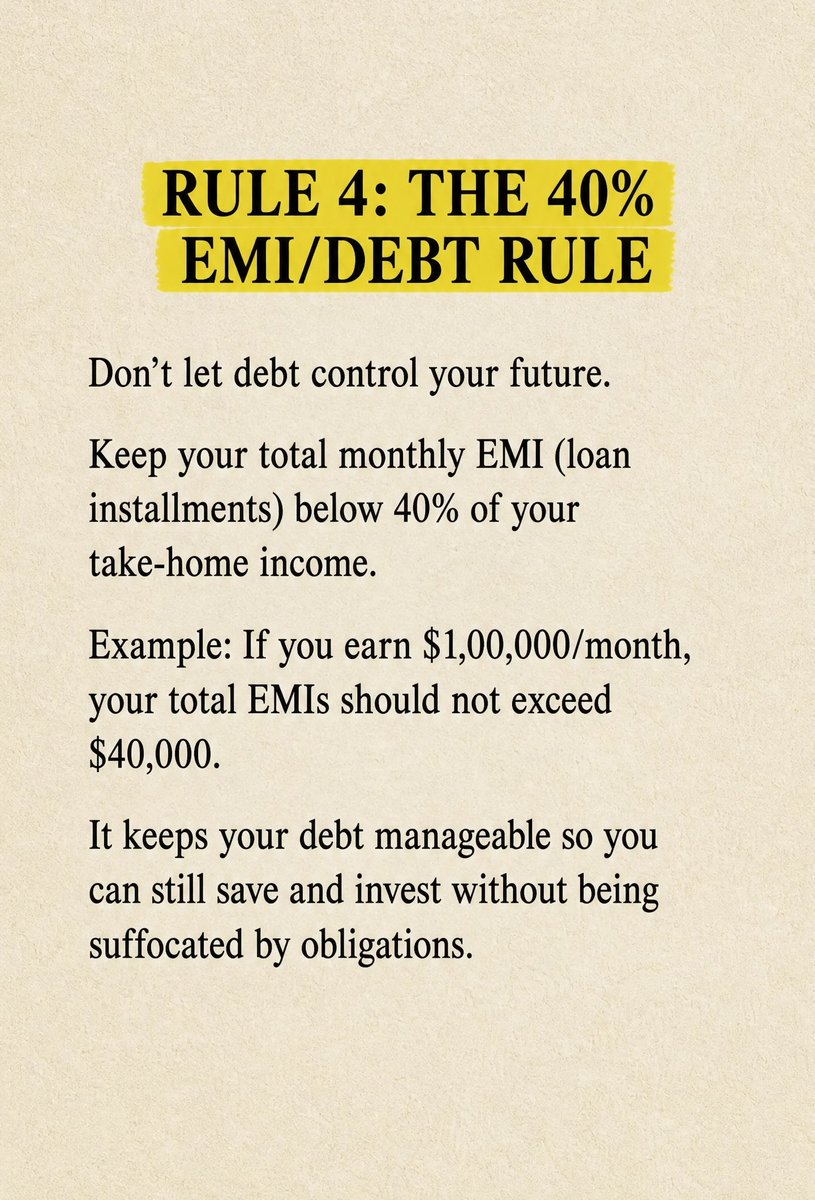 Readrichrevoltn's tweet photo. THE 40% EMI/DEBT RULE FOR SAVING . Benefits of Starting to Save: Financial freedom isn't about earning more, it's about understanding more.  The earlier you start applying these rules, the more choices you'll have later.  #financialtips #financialliteracy #financialfreedom https://t.co/LYTjBM7o30