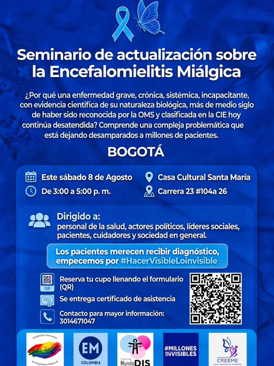 Creeme_fibrocol's tweet photo. Invito el 8 de agosto al seminario sobre EM/SFC, es una condición que tienen muchos pacientes.Está dirigido a *pacientes, familiares, cuidadores, profesionales de la salud* y a cualquier persona interesada en conocer más. *Inscripción:*
https://t.co/inVPnjO1P9 https://t.co/Du8HDqI0o6