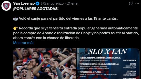 comunidadcuerva's tweet photo. @Ulisesgt18 Populares de #SanLorenzo, solo para socios, agotadas en cualquier dia de la semana y con rivales de cualquier embergadura... sea un clásico con Independiente un Sábado, o un Miercoles con Ctral. Cordoba.

Agradece que te damos bola 👋 https://t.co/kSkT9nS2vo