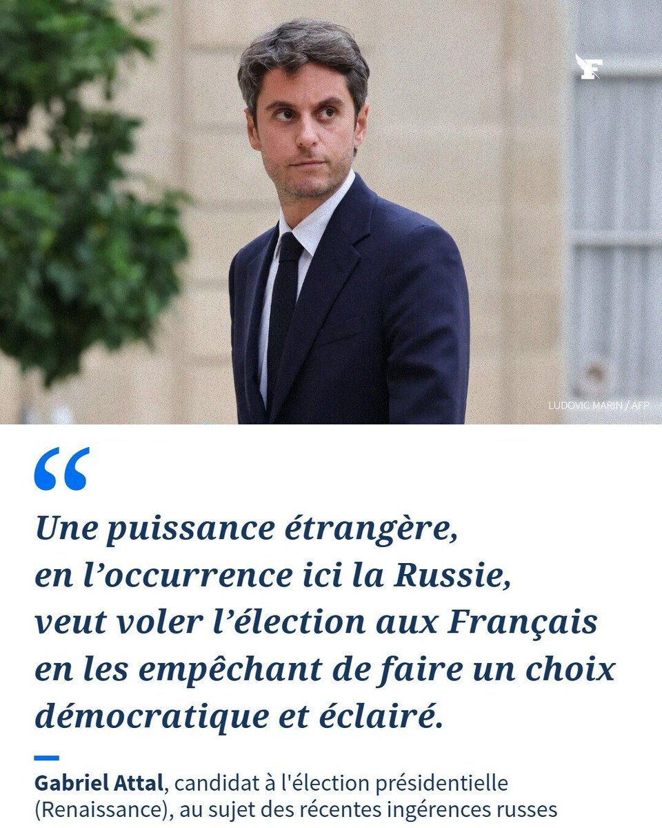 COSTESLionelEr's tweet photo. Victime d'une opération d'ingérence 🇷🇺 le candidat @Renaissance @GabrielAttal prévient que l'élection peut être "faussée, volée aux 🇫🇷" et que peuvent émerger des ingérences pour "certains candidats comme #MarineLepen qui défend les intérêts de la 🇷🇺" 😱 ❗ 
#attalpresident 🇫🇷 👌 https://t.co/jMn2W6FTE5